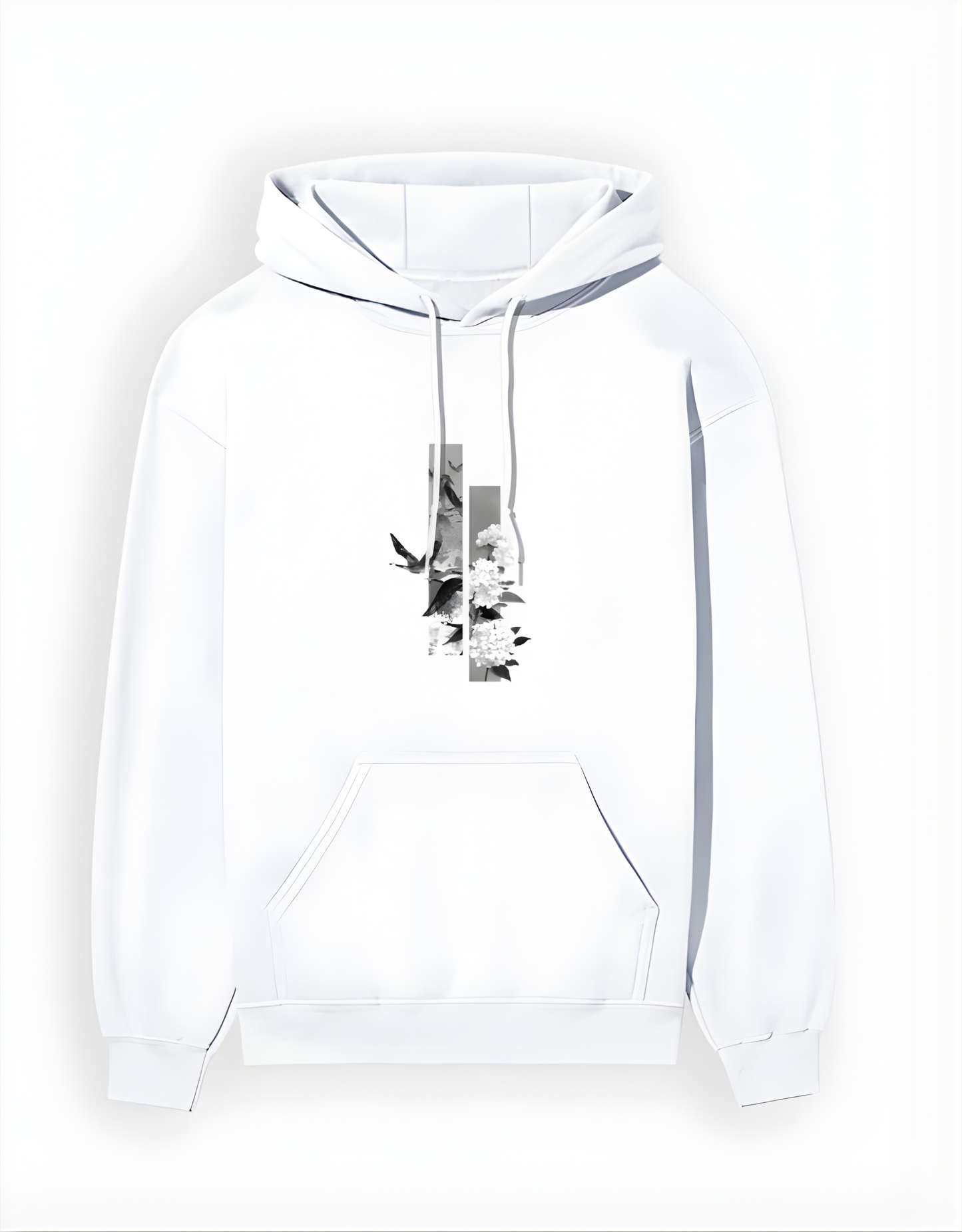 White hoodie with a small birds graphic on the chest against a white background