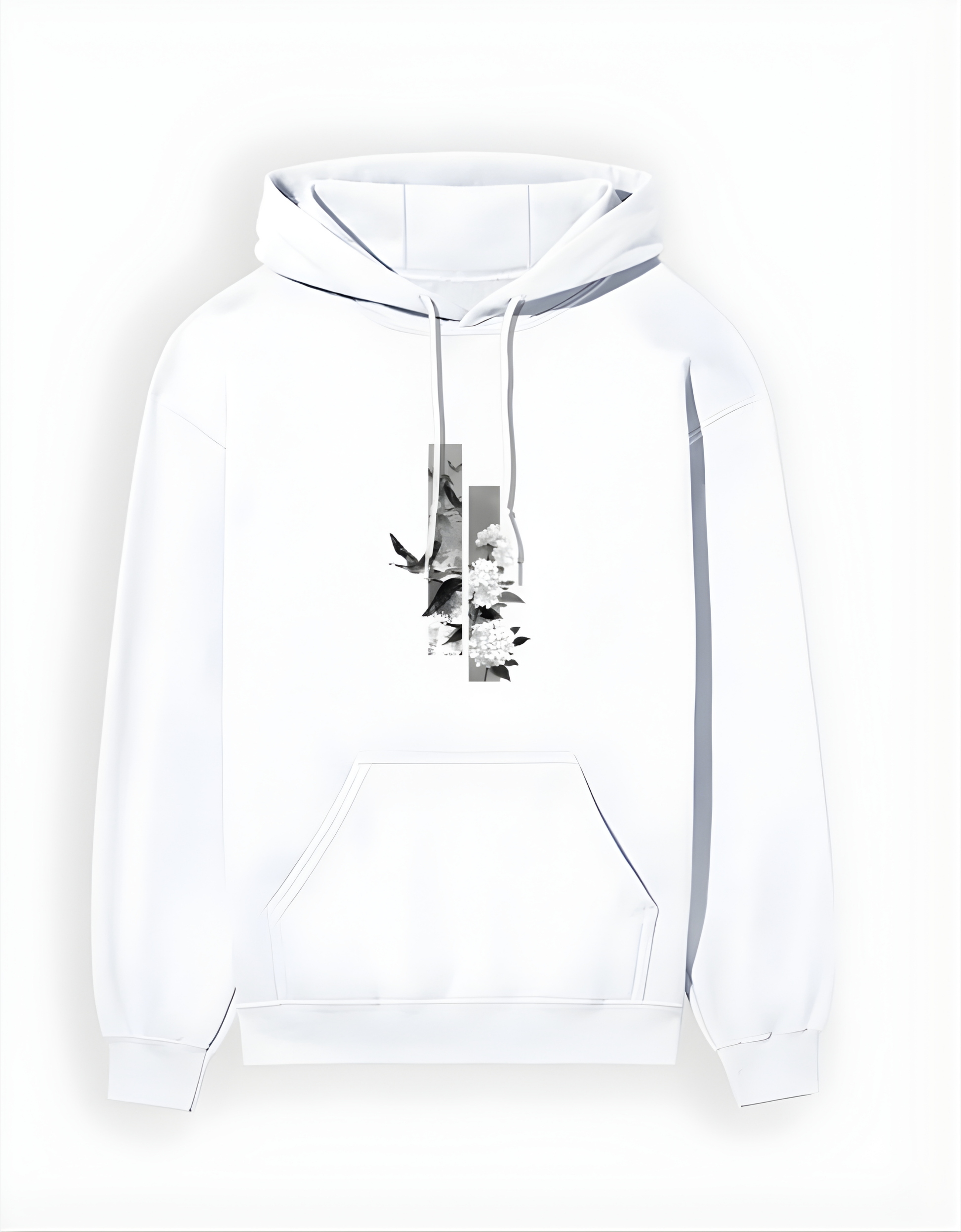 White hoodie with a small birds graphic on the chest against a white background