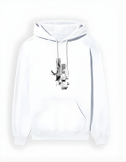 White hoodie with a small birds graphic on the chest against a white background