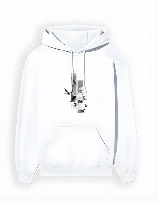 White hoodie with a small birds graphic on the chest against a white background