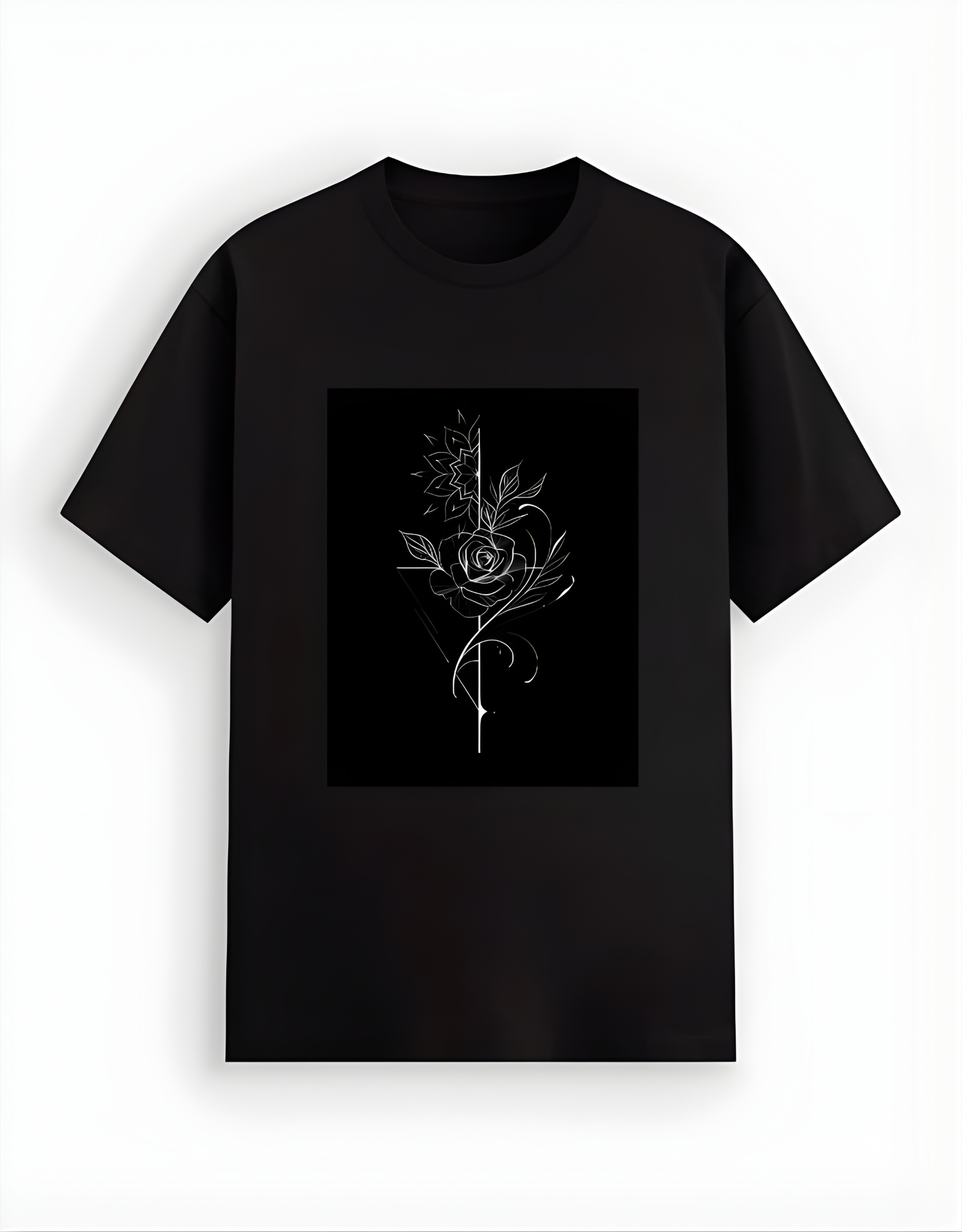 Black t-shirt with a white floral design on a white background