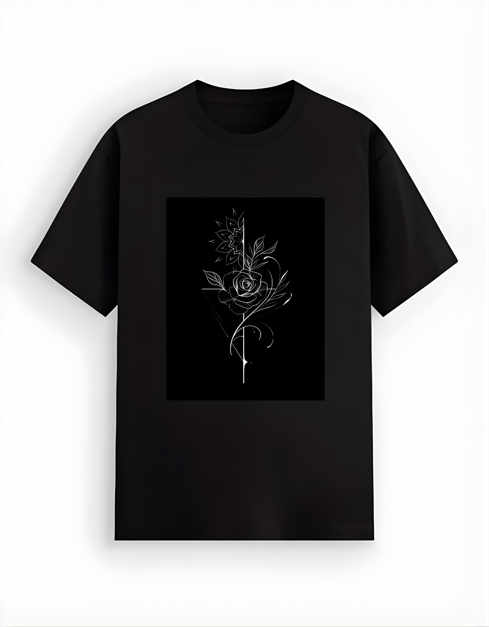 Black t-shirt with a white floral design on a white background