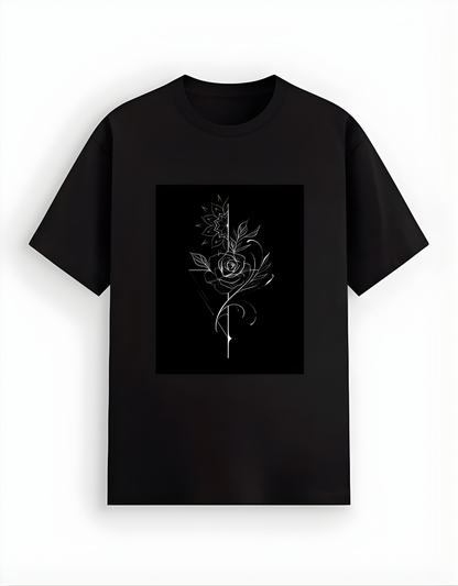 Black t-shirt with a white floral design on a white background