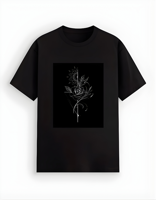 Black t-shirt with a white floral design on a white background