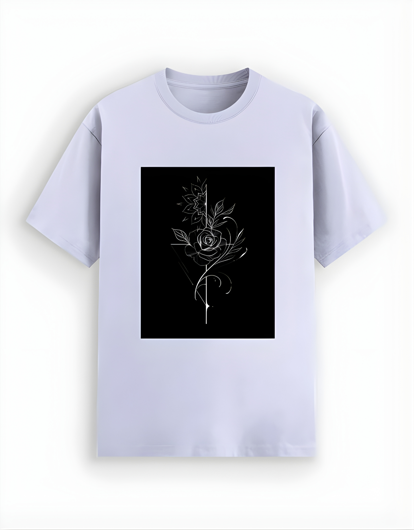 White t-shirt with a black graphic of a stylized flower on a white background