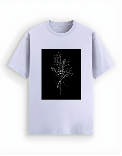 White t-shirt with a black graphic of a stylized flower on a white background