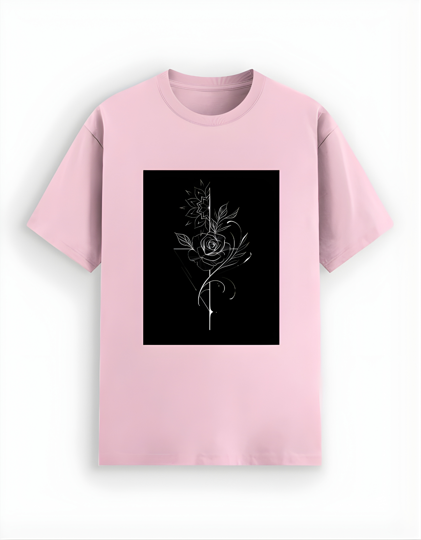 Pink t-shirt with a black square featuring a white floral design on a white background