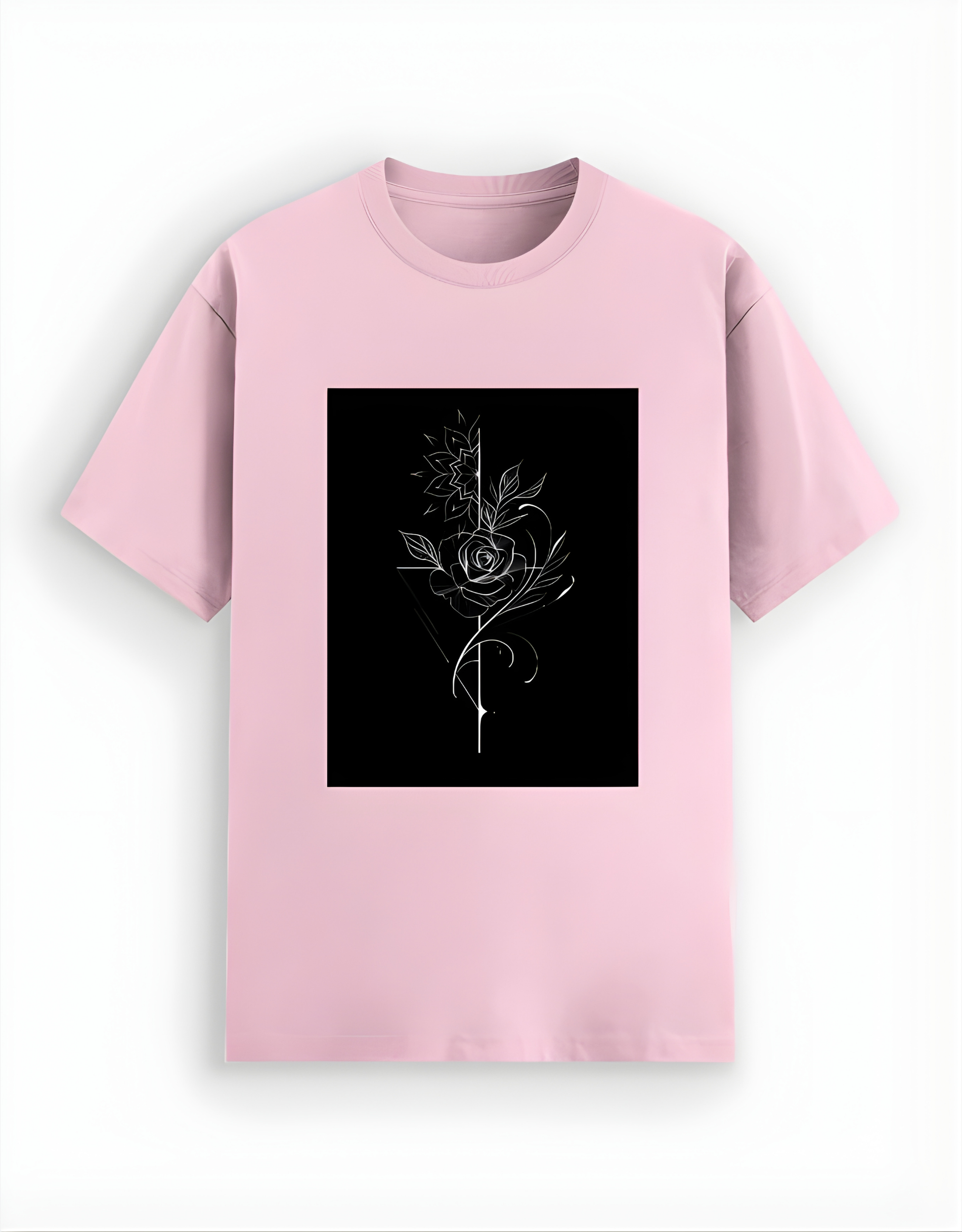 Pink t-shirt with a black square featuring a white floral design on a white background
