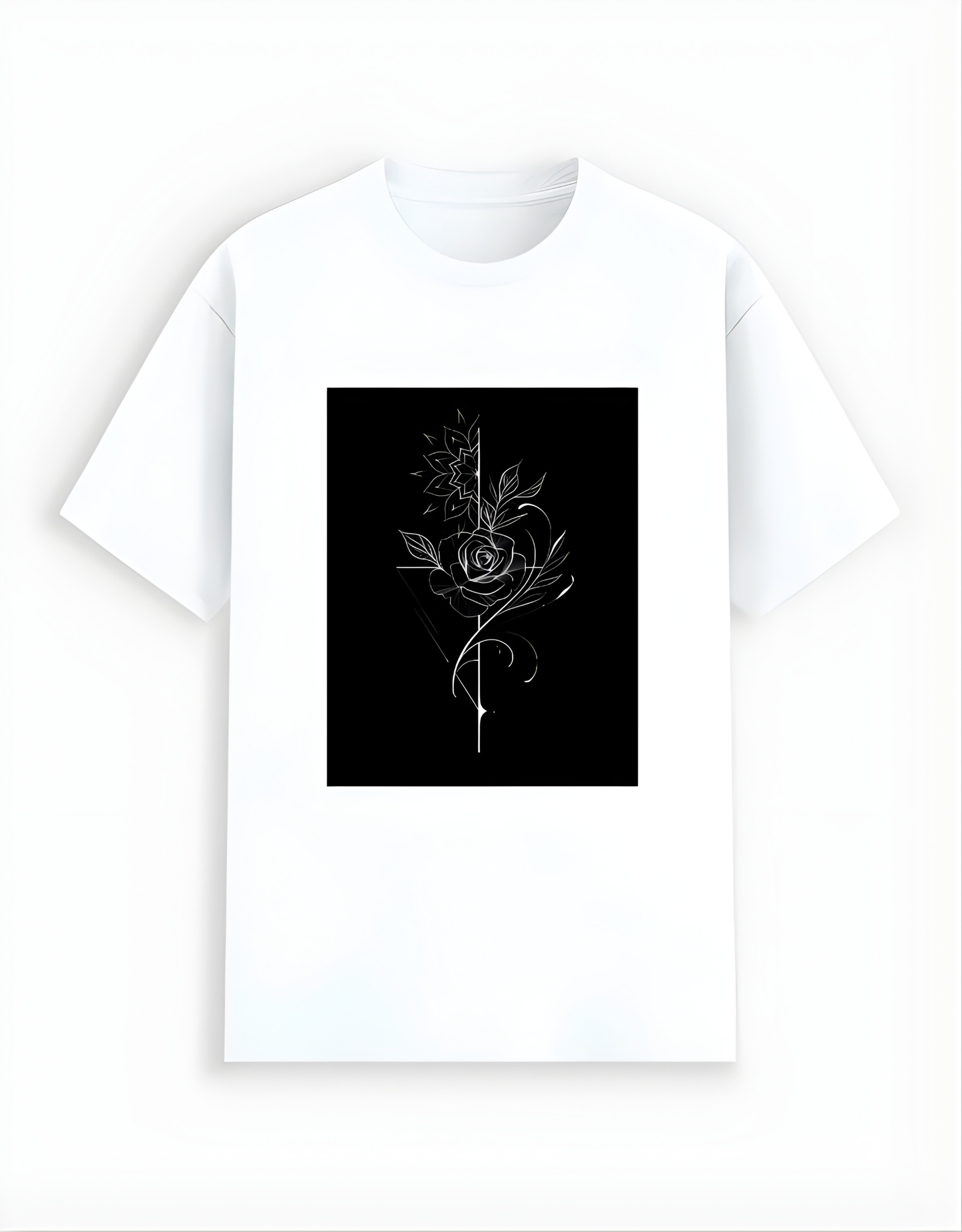 White t-shirt with a black graphic design on a white background