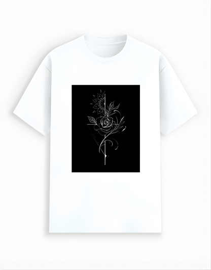 White t-shirt with a black graphic design on a white background