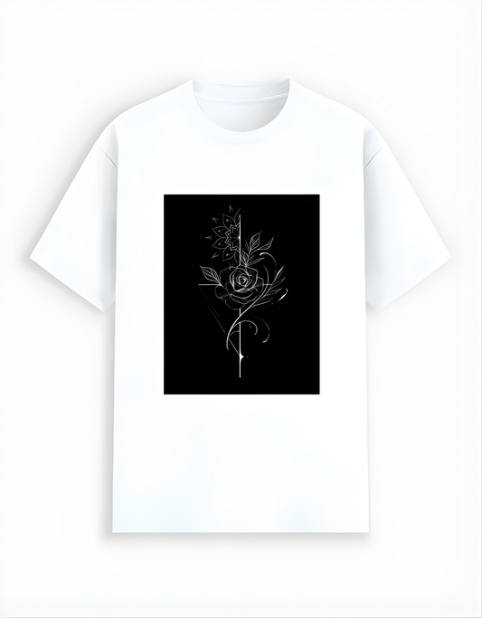 White t-shirt with a black graphic design on a white background