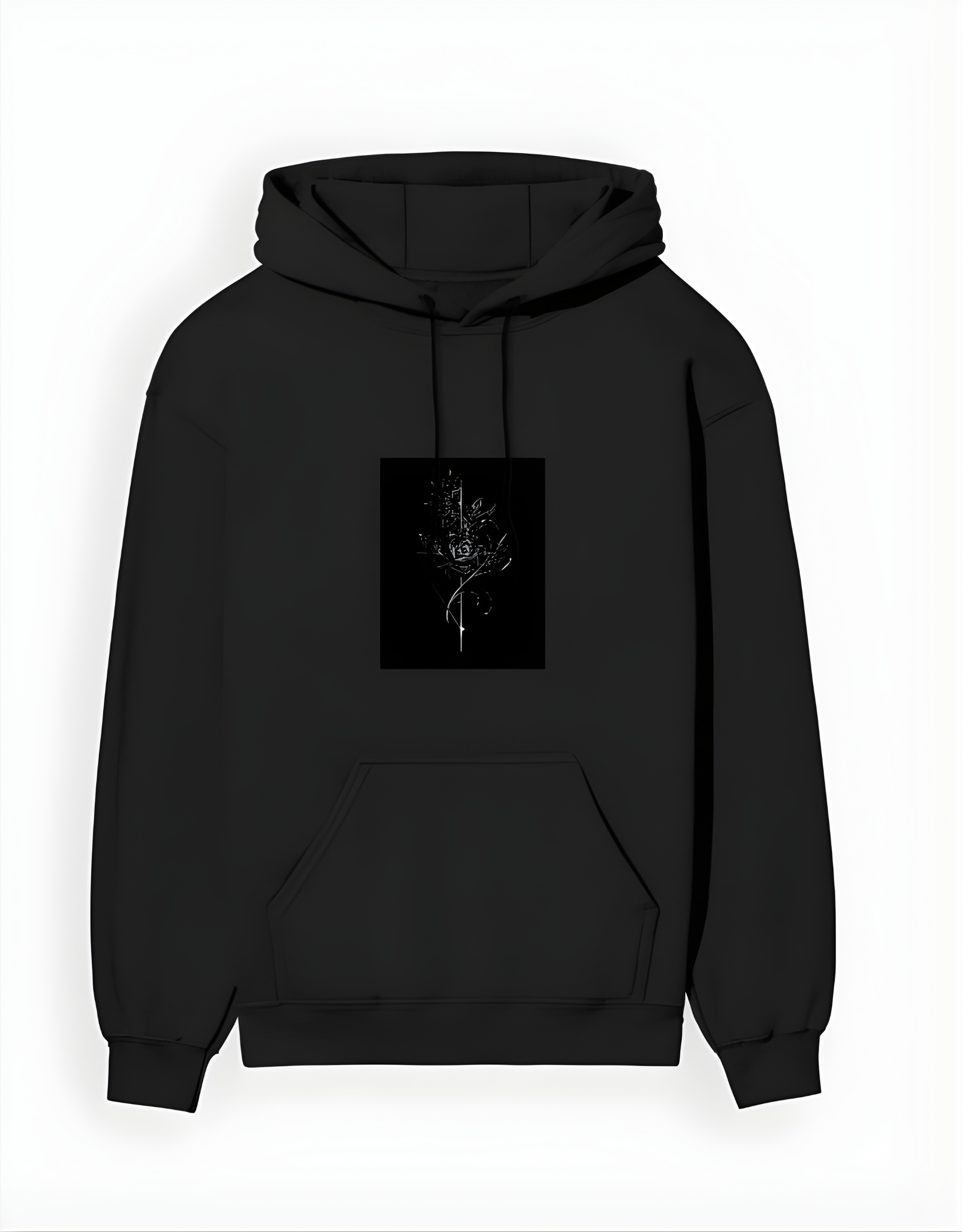 Black hoodie with a small black square on the chest featuring a white design.
