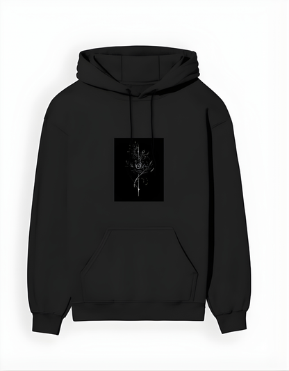 Black hoodie with a small black square on the chest featuring a white design.