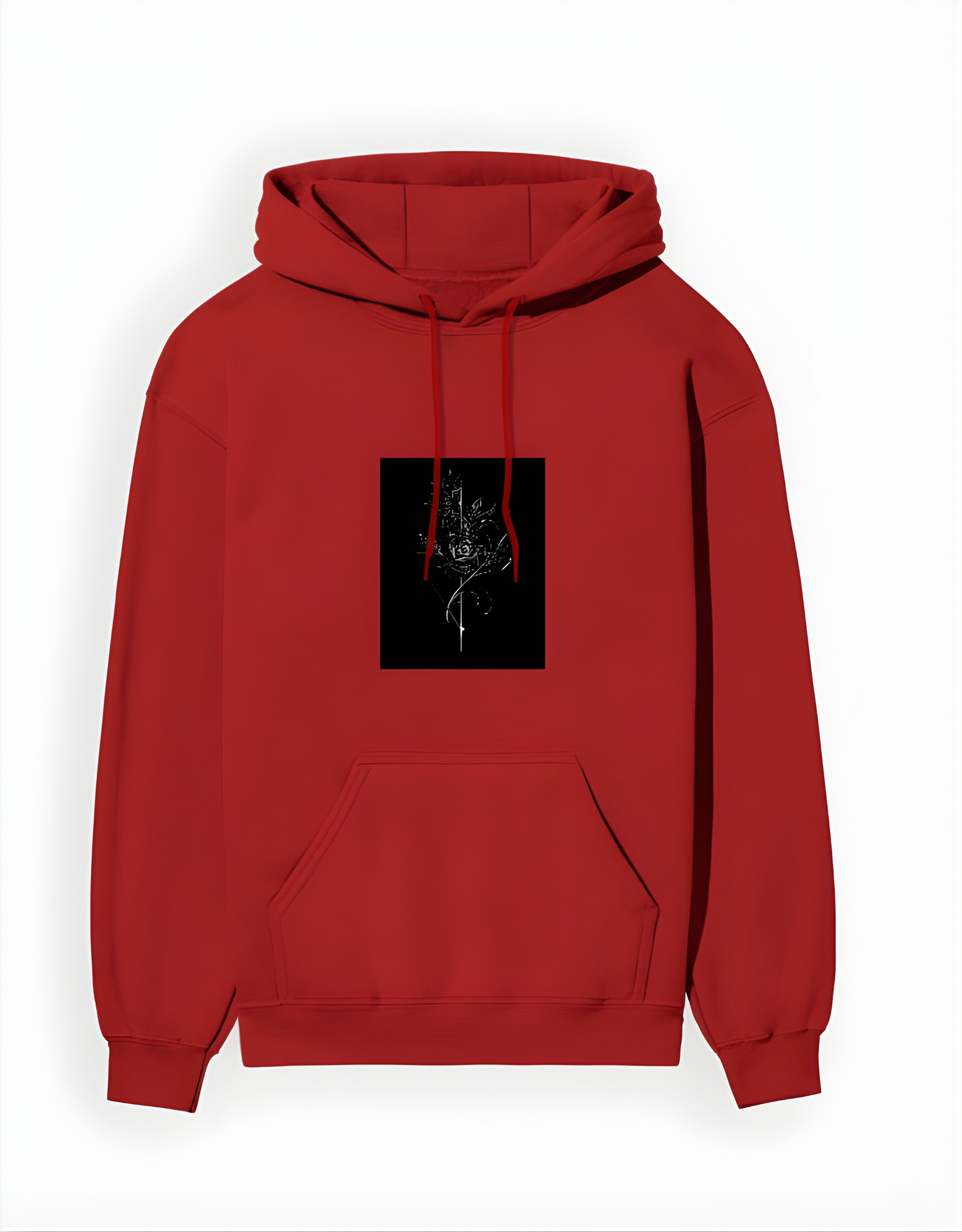 Red hoodie with a black square design on a white background