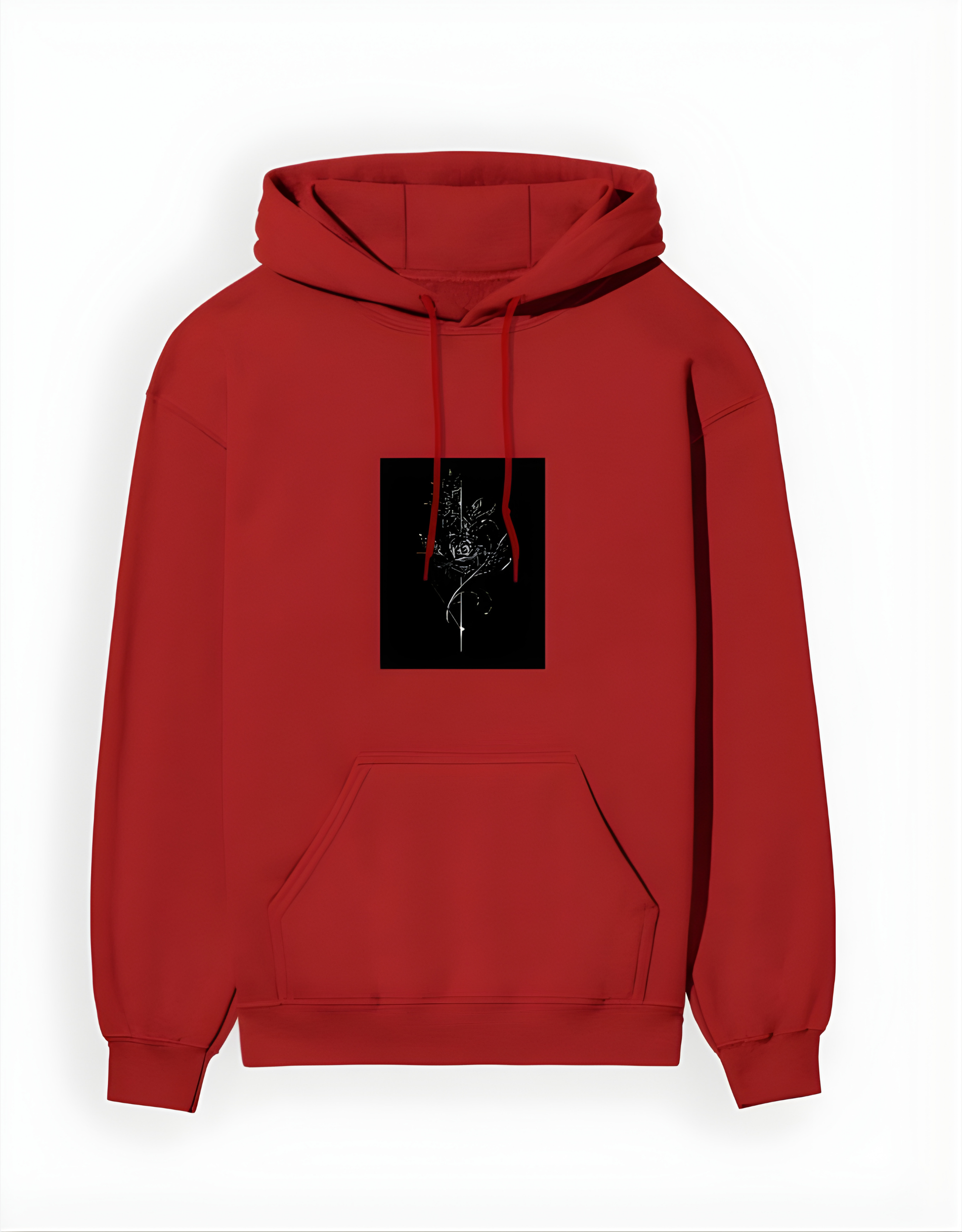Red hoodie with a black square design on a white background
