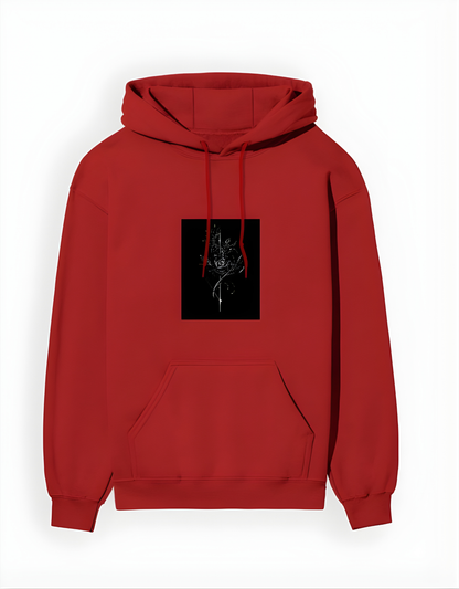 Red hoodie with a black square design on a white background