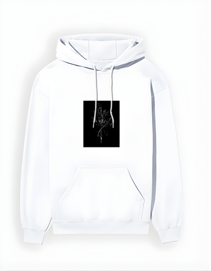 White hoodie with a black square design on a white background