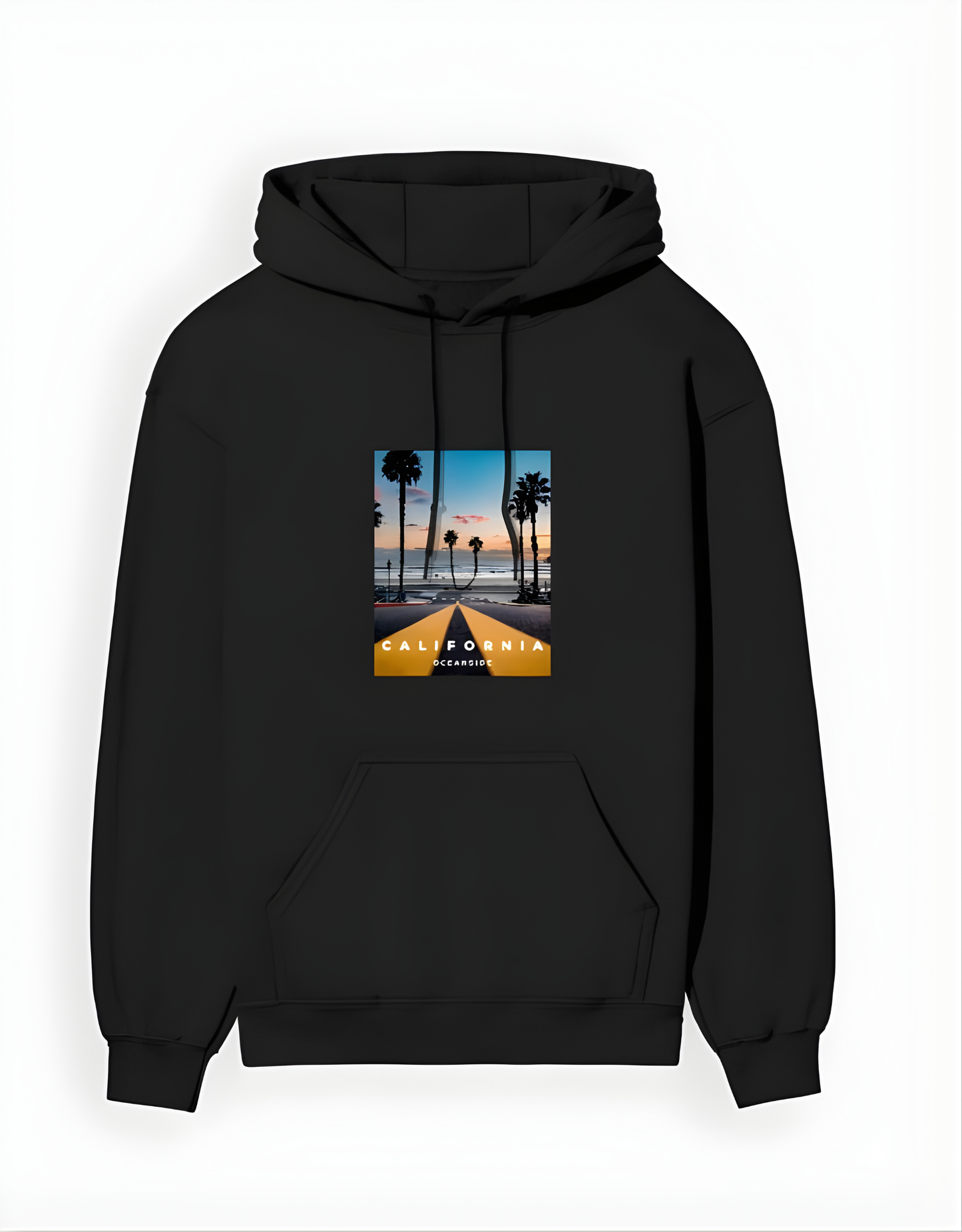 Black hoodie with a 'California' graphic on a white background
