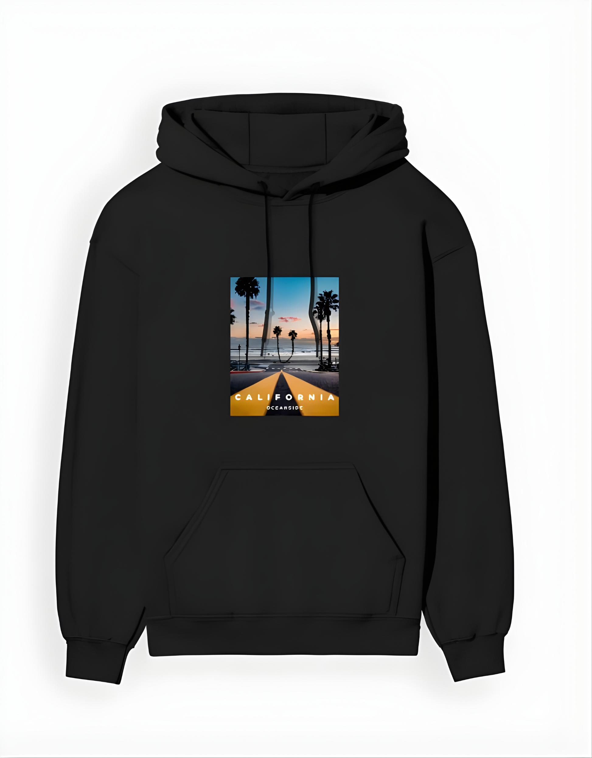 Black hoodie with a 'California' graphic on a white background