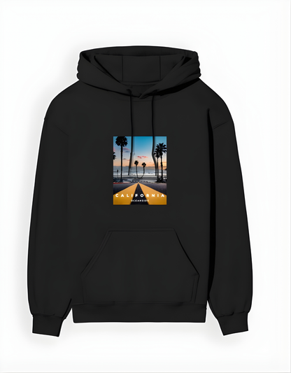 Black hoodie with a 'California' graphic on a white background
