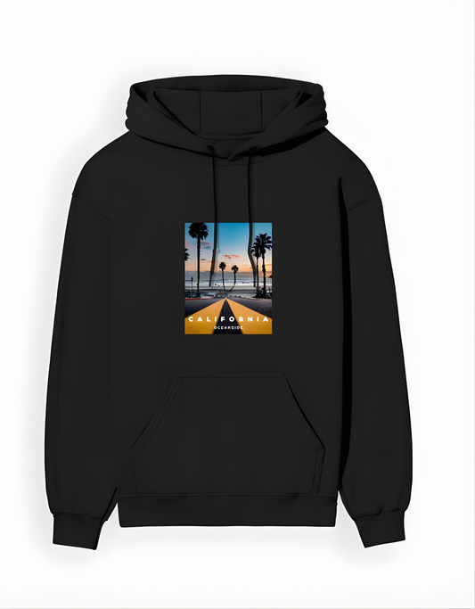 Black hoodie with a 'California' graphic on a white background