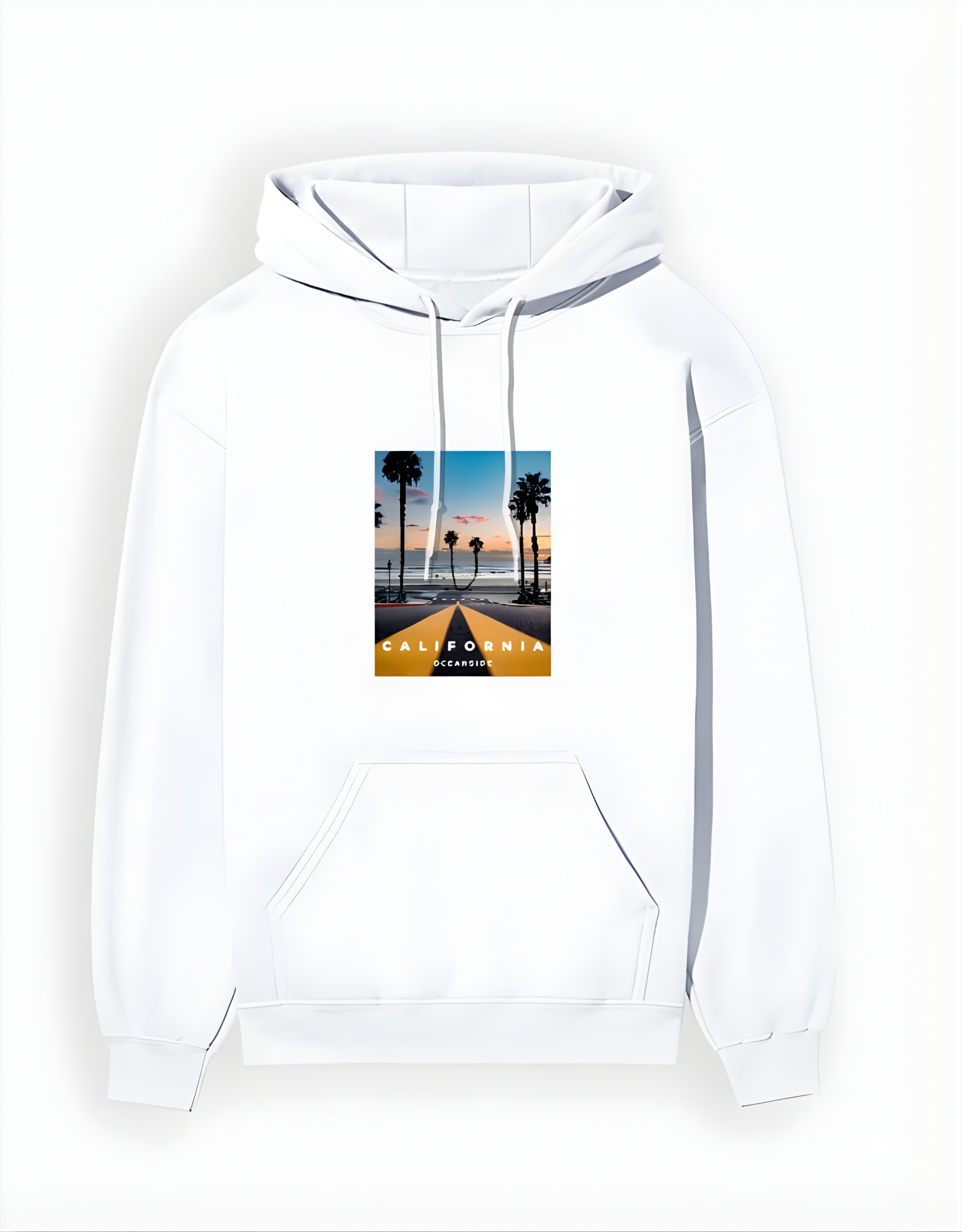 White hoodie with a graphic of a road and palm trees on a white background