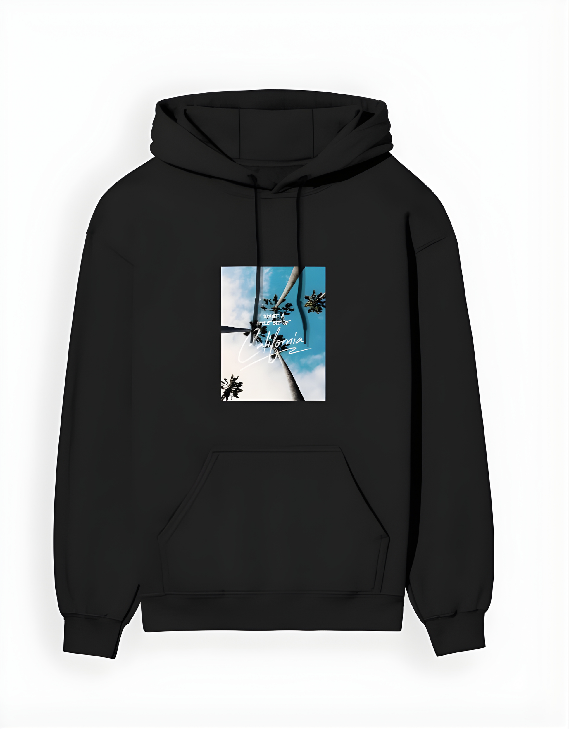 Black hoodie with a palm tree design on a white background