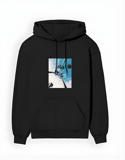 Black hoodie with a palm tree design on a white background