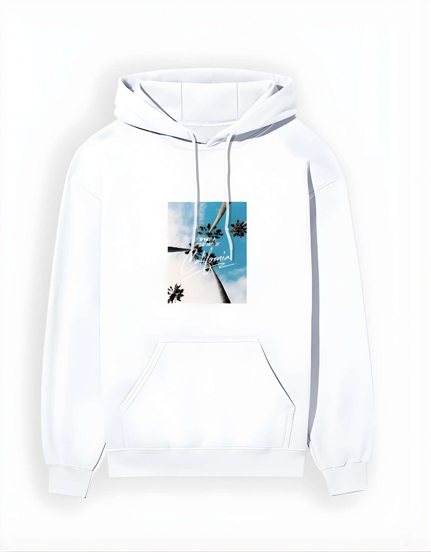 White hoodie with a graphic of a windmill and palm trees on a white background