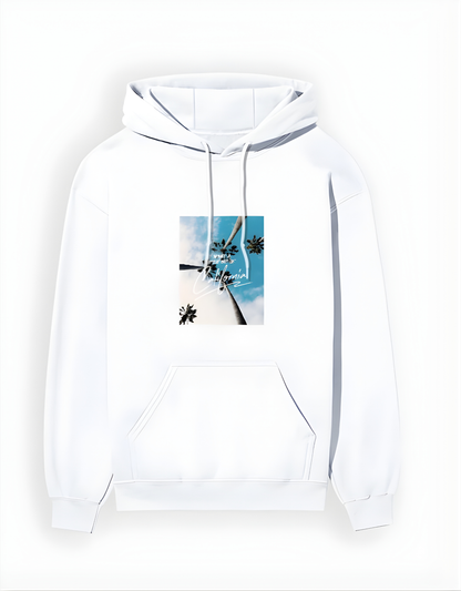 White hoodie with a graphic of a windmill and palm trees on a white background