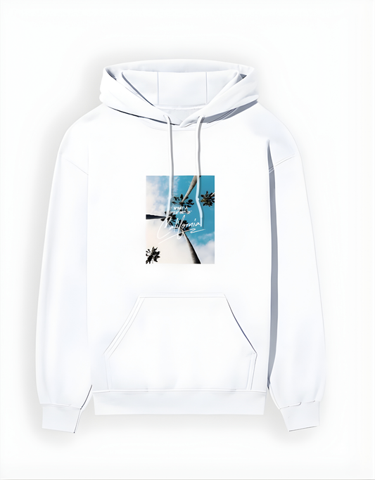 White hoodie with a graphic of a windmill and palm trees on a white background