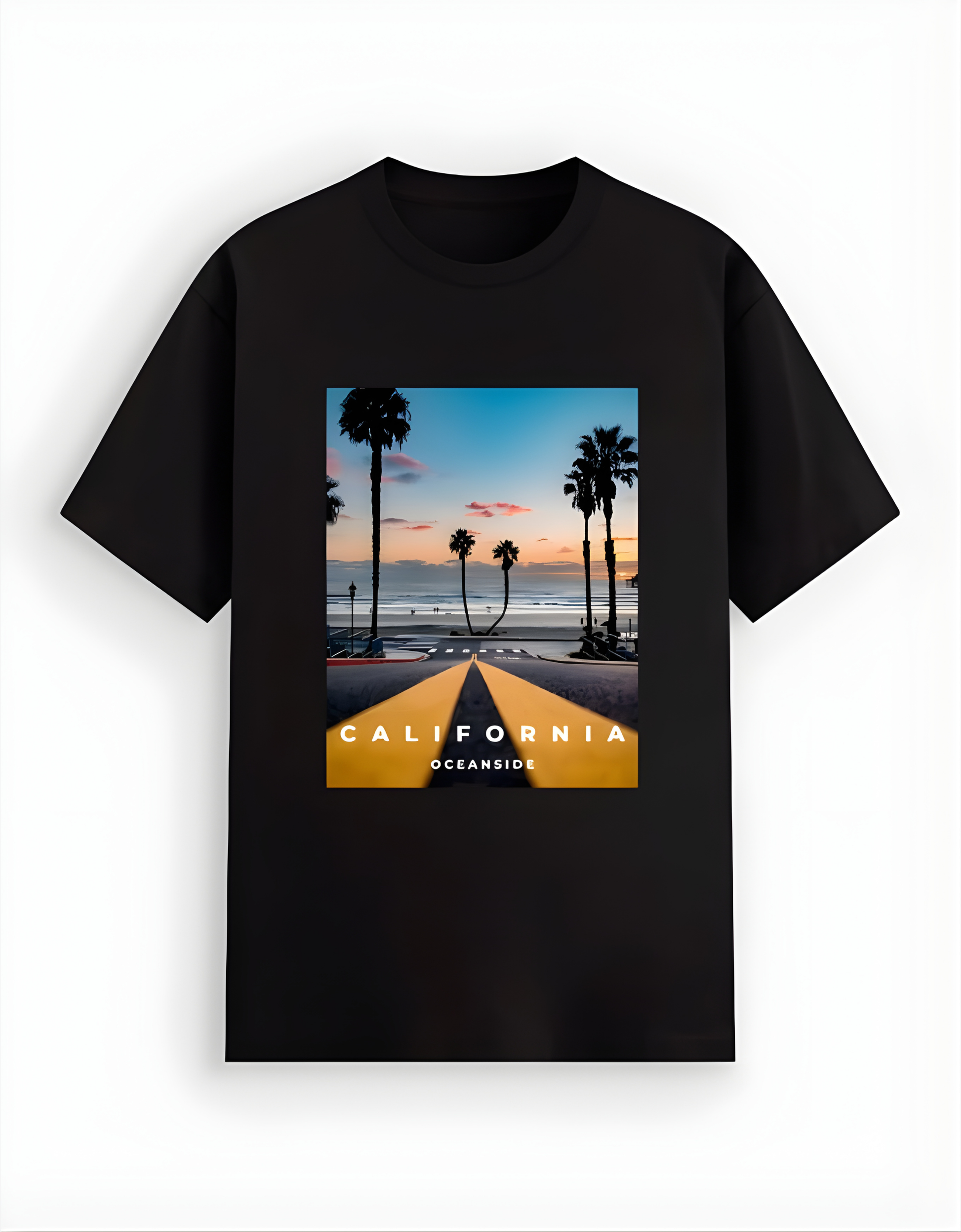 Black t-shirt with a California beach scene print on a white background