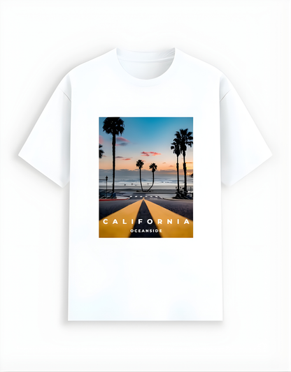 White t-shirt with a graphic of a beach scene and 'California Oceanside' text on a white background