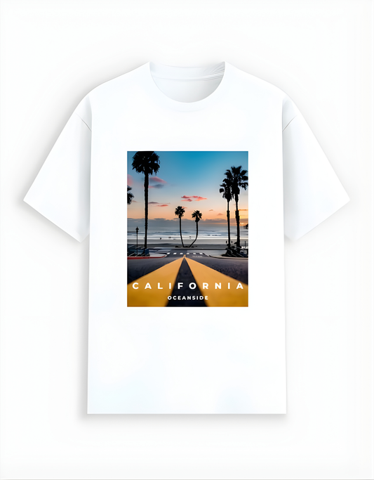 White t-shirt with a graphic of a beach scene and 'California Oceanside' text on a white background