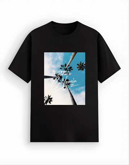 Black t-shirt with a graphic of palm trees and 'California' text on a white background