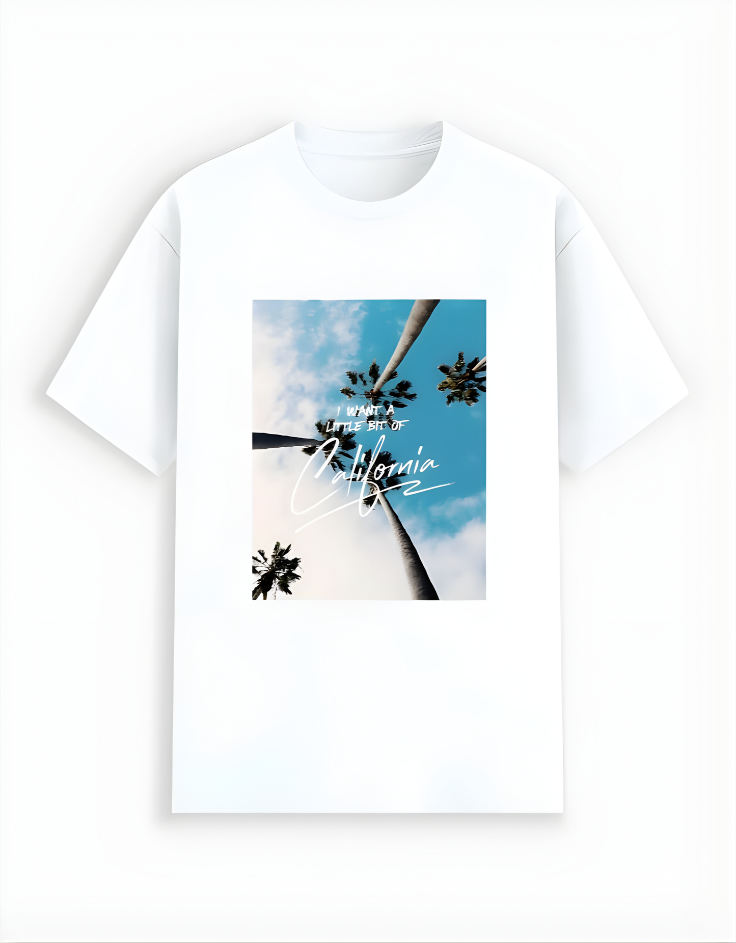White t-shirt with a graphic design of palm trees and text on a white background