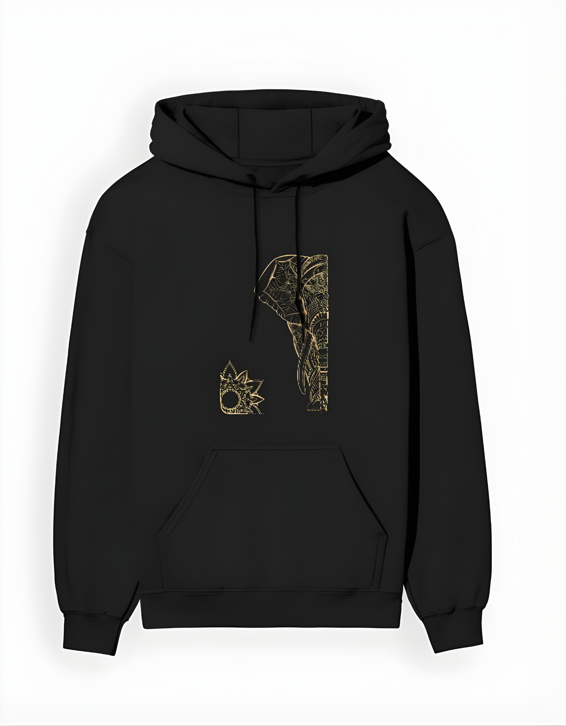 Black hoodie with gold elephant design on a white background