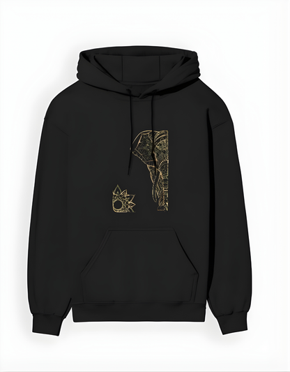 Black hoodie with gold elephant design on a white background