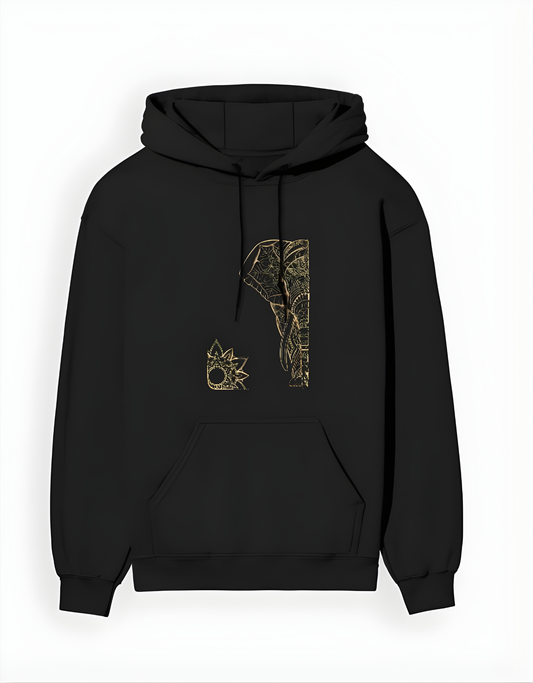 Black hoodie with gold elephant design on a white background