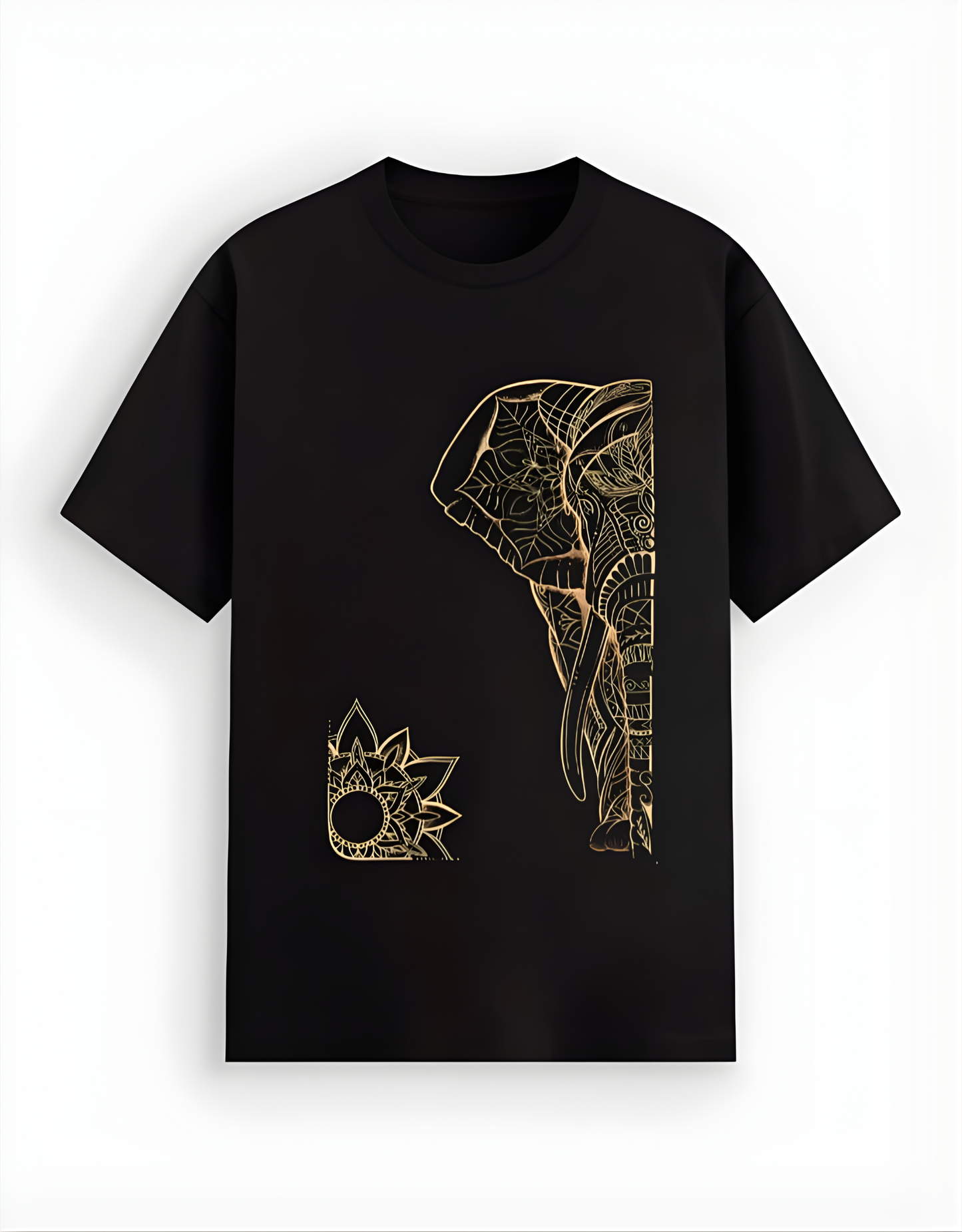 Black t-shirt with gold elephant design on a white background