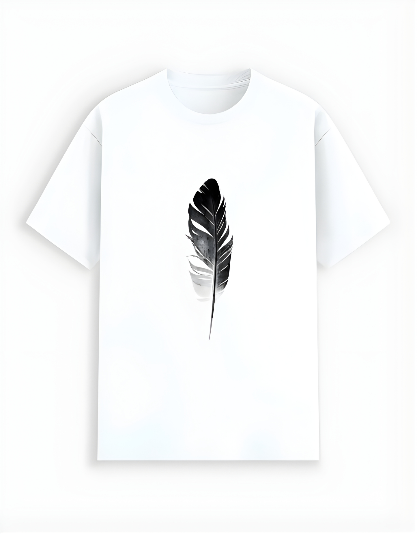White t-shirt with a black feather design on a white background