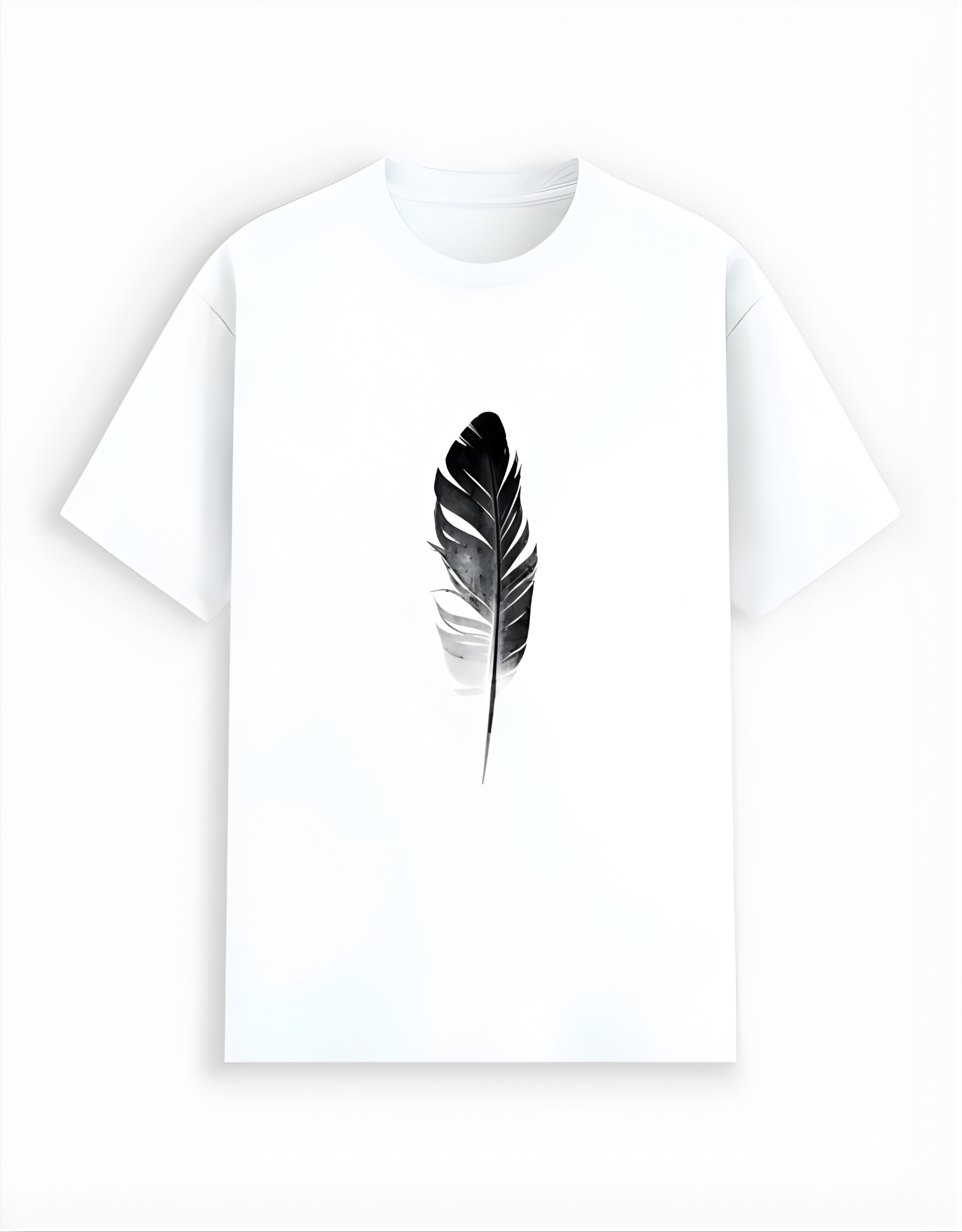White t-shirt with a black feather design on a white background