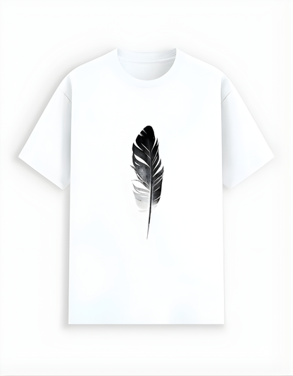 White t-shirt with a black feather design on a white background