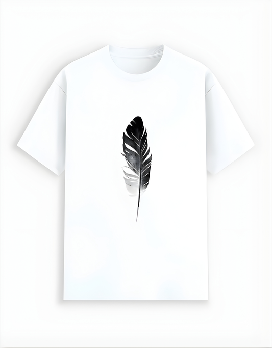 White t-shirt with a black feather design on a white background