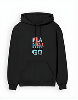 Black hoodie with colorful text design on a white background