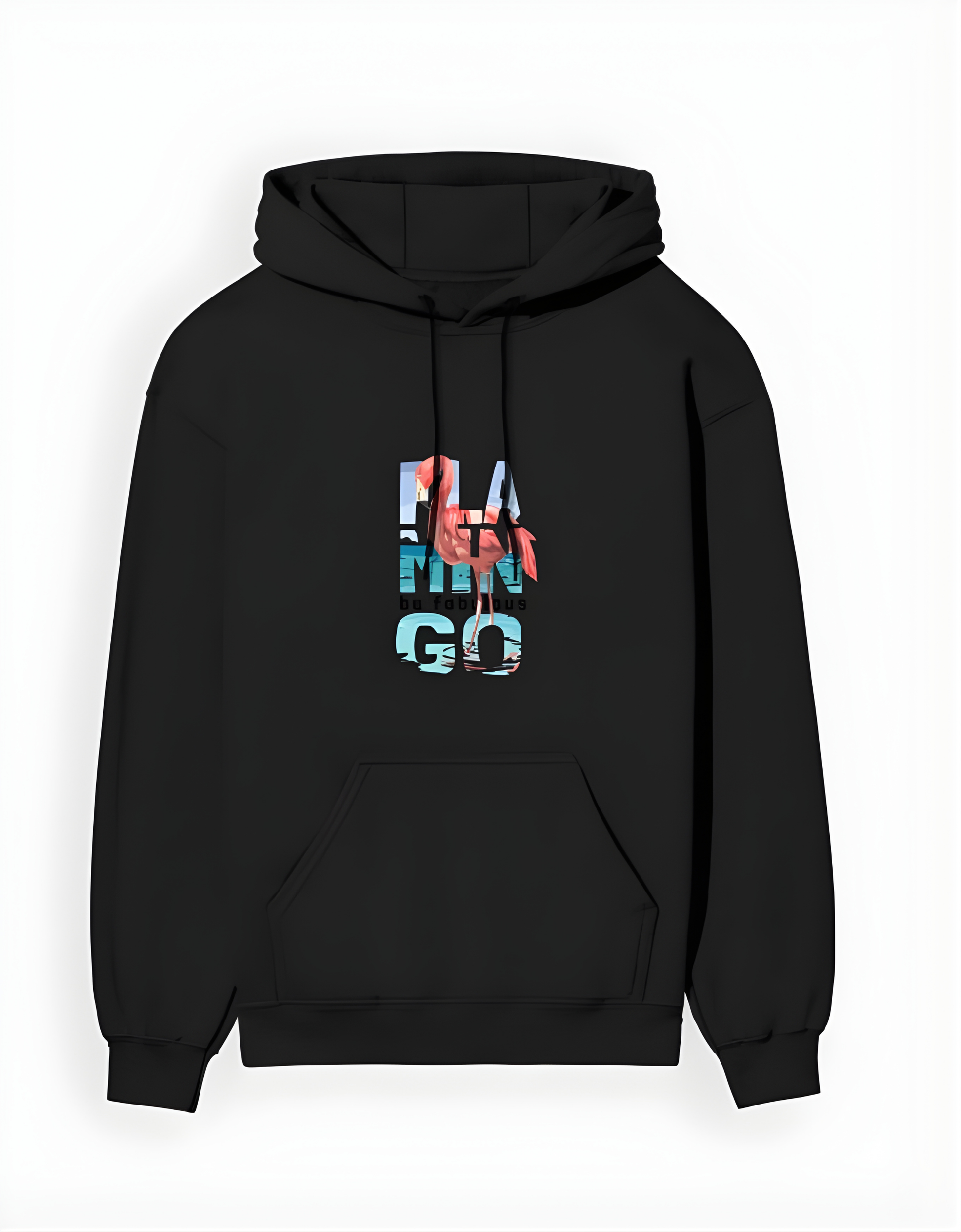 Black hoodie with colorful text design on a white background