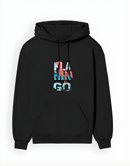 Black hoodie with colorful text design on a white background