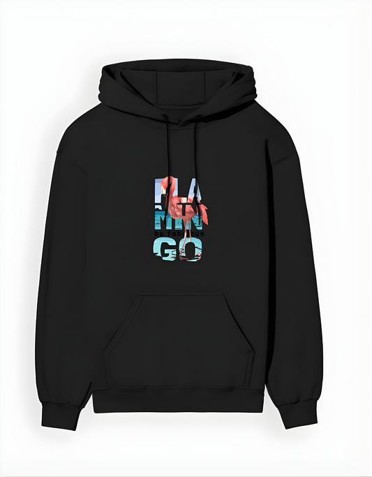 Black hoodie with colorful text design on a white background