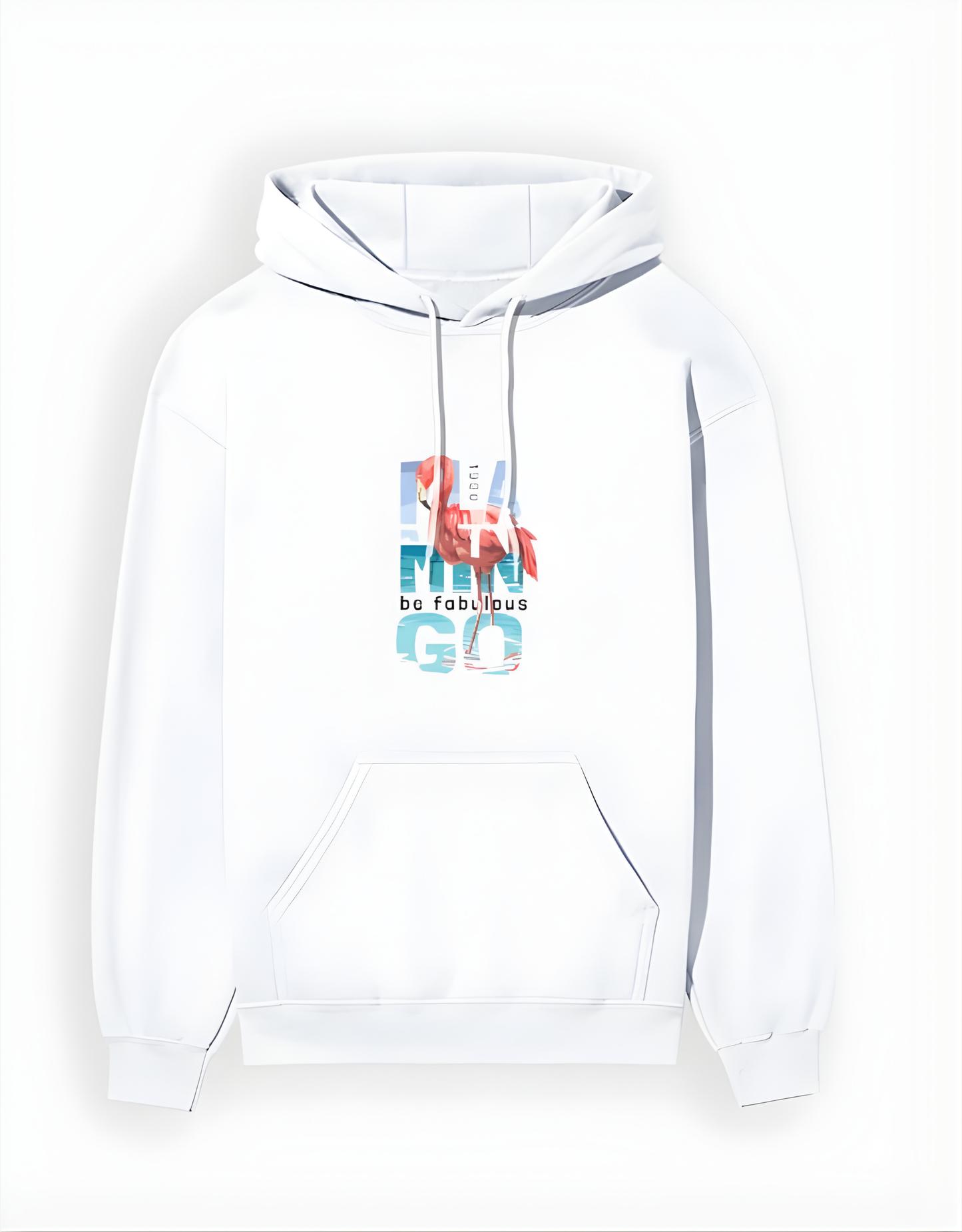 White hoodie with colorful text design on a white background