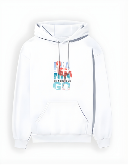 White hoodie with colorful text design on a white background